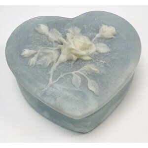 VTG Genuine Incolay Stone Light Blue Heart Shape TRINKET BOX White Rose 3.5" EUC